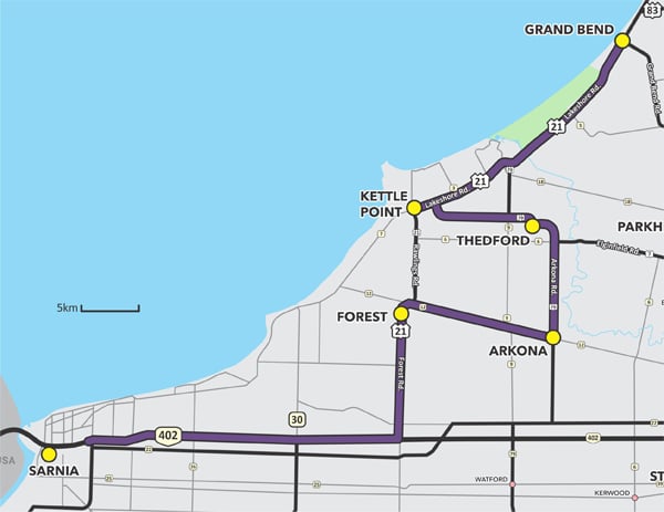 Route 1 - Sarnia to Grand Bend and back via Forest, Arkona, Thedford, Kettle Point, Port Franks, Northville 