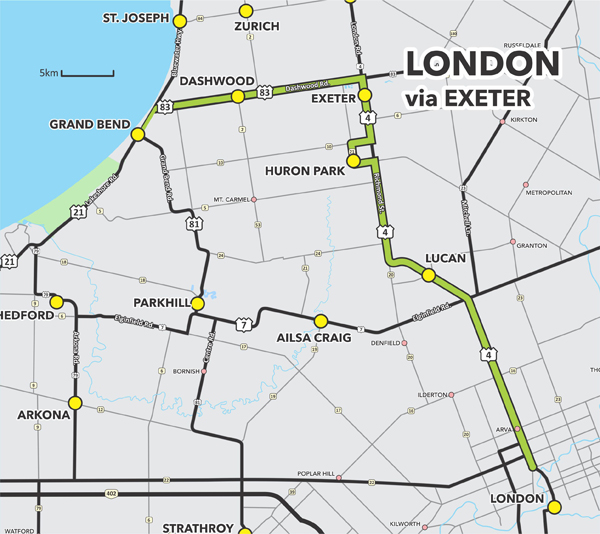 Route 2 London to and from Grand Bend via Dashwood, Exeter, Huron Park, and Lucan