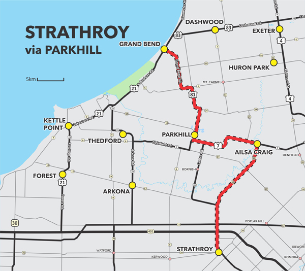 Route 4 Grand Bend to Strathroy via Parkhill and Ailsa Craig