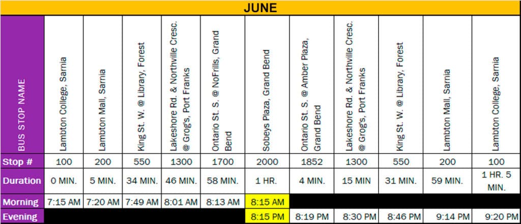 June Express Bus schedule