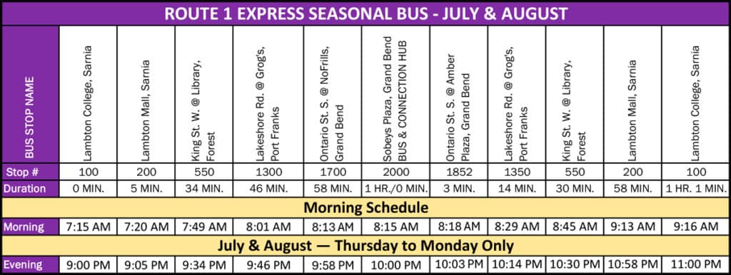 Route 1 Express Bus schedule for July and August